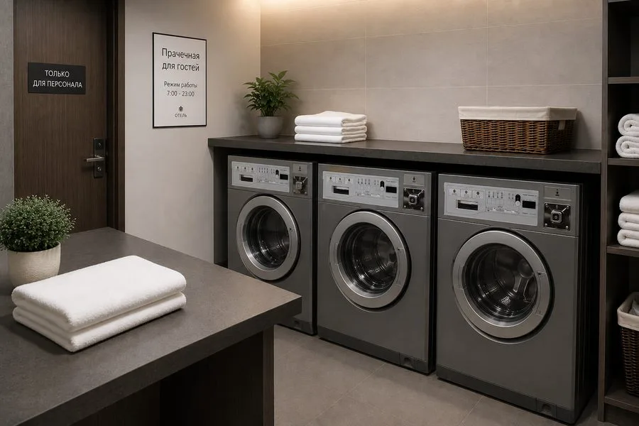 Прачечная для гостей отеля с рядом стиральных машин Haier HCW12C