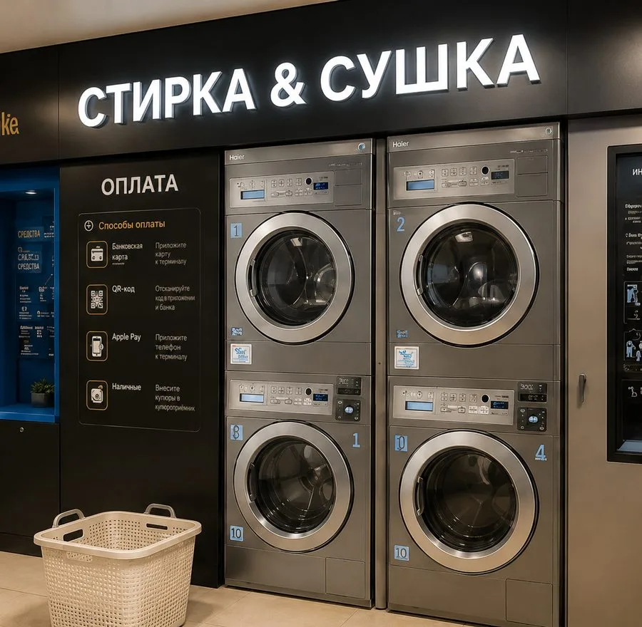 Прачечная самообслуживания Haier — оплата картой, QR-кодом и наличными